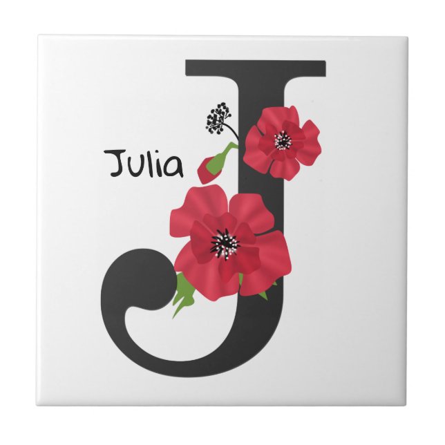Azulejo Monograma personalizado editable J texto flor roja (Frente)
