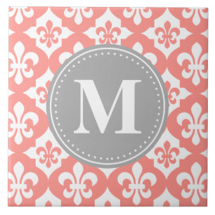 Azulejo Monograma Quatrefoil Fleur-De-Lis de gris rosado d