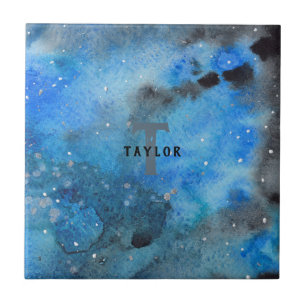 Azulejo Monograma Resumen Bella Artes de acuarela azul neg