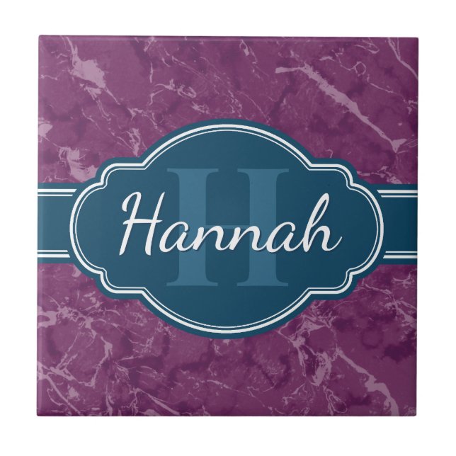 Azulejo Monograma Verde azulado del patrón de mármol púrpu (Frente)