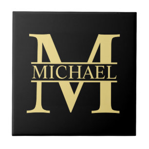 Azulejo Monograma y nombre personalizados en negro y oro