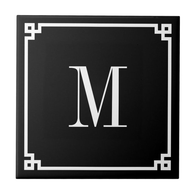 Azulejo Monogramado de borde de clave griega en blanco y n (Frente)