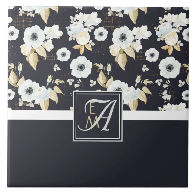 Azulejo Monogramo Naval Azul Decoración Floral Blanco Anem (Frente)