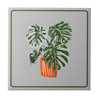 Azulejo Monstera Planta De Hojas Título Cerámico Tejido De