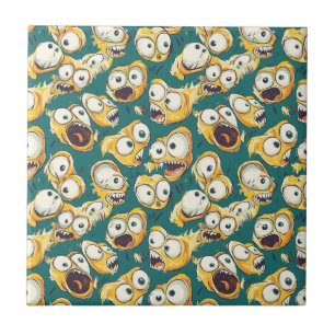 Azulejo Monstruo Amarillo Loco Halloween Azul Teal