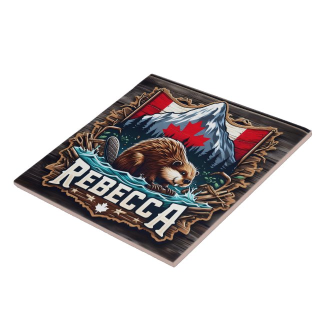 Azulejo Montaña de nieve, castor, bandera canadiense (Lado)