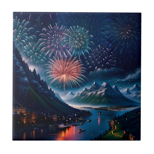 Azulejo Montaña Twilight con fuegos artificiales (Frente)