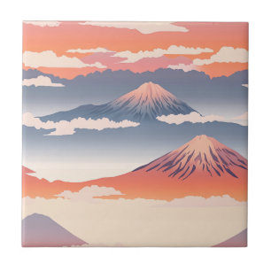 Azulejo Montañas con Cumbres Nevadas Cielo Dorado Acuarela