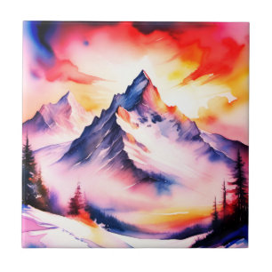 Azulejo Montañas cubiertas de nieve cielo rojo acuarela