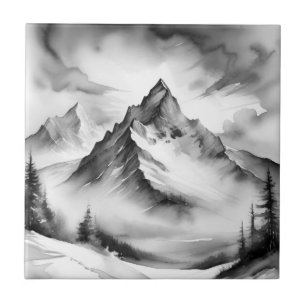 Azulejo Montañas cubiertas de nieve en blanco y negro acua