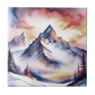 Azulejo Montañas cubiertas de nieve y cielo rojo acuarela