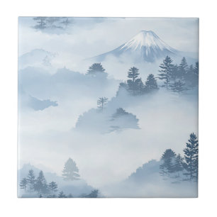 Azulejo Montañas minimalistas cubiertas de nieve azul blan