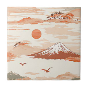 Azulejo Monte Fuji Amanecer Dorado Patrón de Acuarela Japó