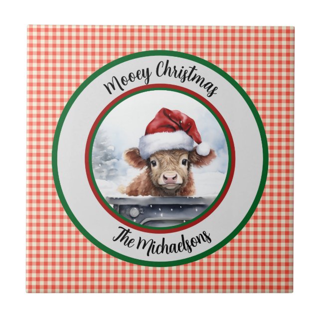 Azulejo Mooey Christmas Funny Highland Cow Red Gingham  (Frente)