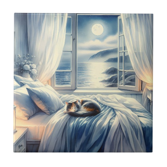 Azulejo Moonlit Coastal Bedroom with Sleeping Cat (Frente)