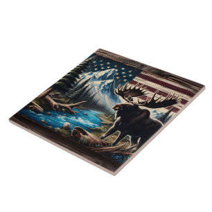 Azulejo Moose by Lake with Mountain and Flag Background