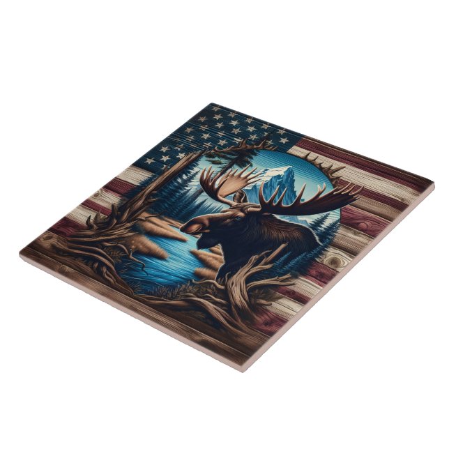 Azulejo Moose frente a la montaña y la bandera estadounide (Lado)