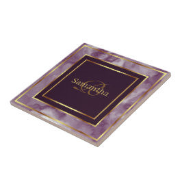 Azulejo Morado De Borgoña Y Mármol Geométrico De Oro