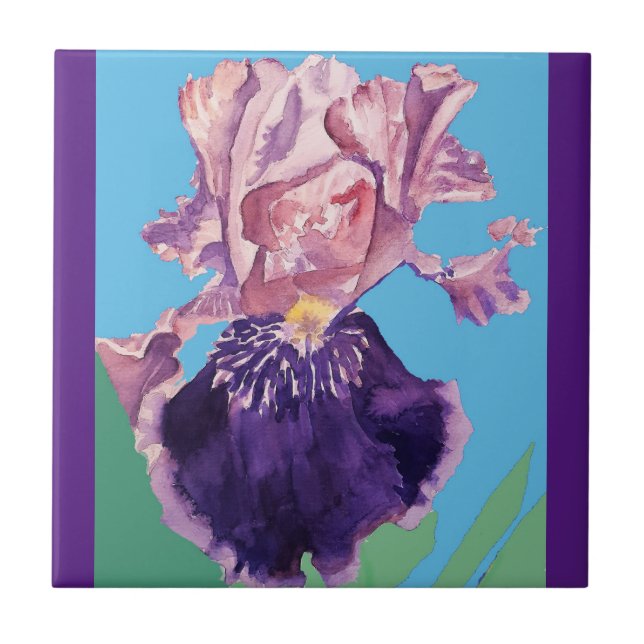 Azulejo Morado Iris Flores acuarela iris Cerámica Tile (Frente)