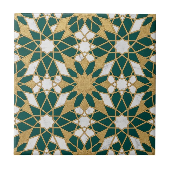 Azulejo Moroccan Islamic Teal Gold Geometric Seamless Patt (Frente)