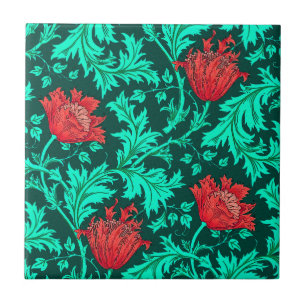 Azulejo Morris Anemone Patter, Deep Red y Turquesa Tile