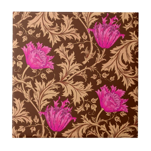 Azulejo Morris Anemone Pattern Brown y Fuchsia Pink Tile (Frente)