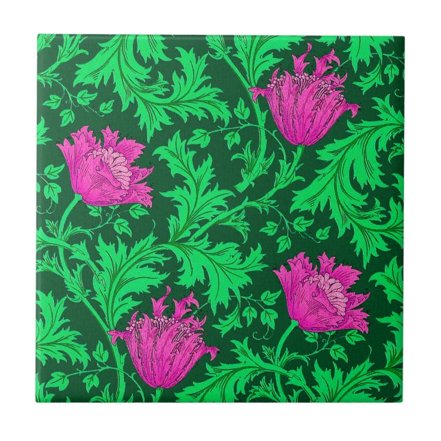 Azulejo Morris Anemone Pattern, Emerald Green y Fuchsia (Frente)