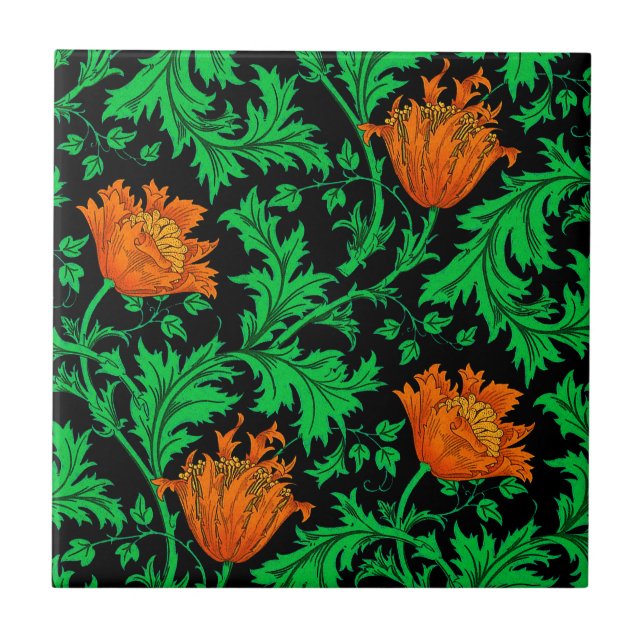 Azulejo Morris Anemone Pattern, Naranja, verde y negro (Frente)