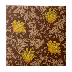 Azulejo Morris Anemone Pattern, oro marrón y mostaza