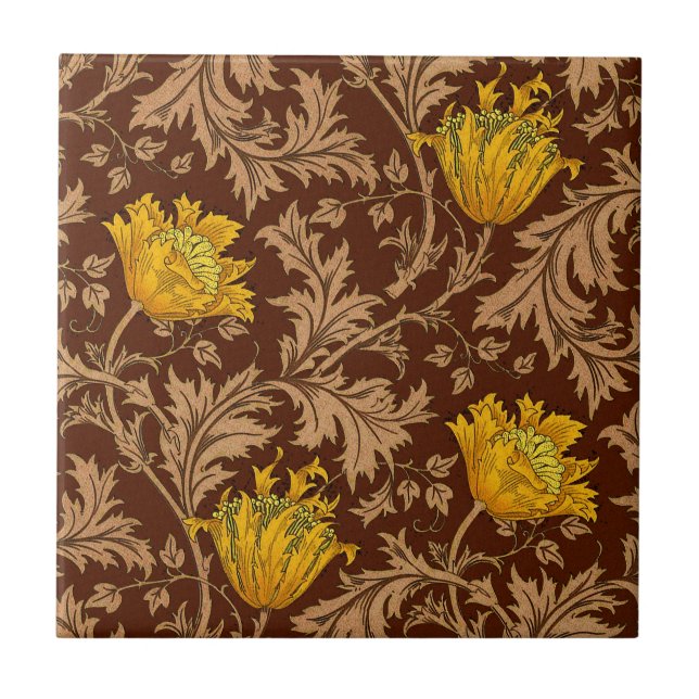 Azulejo Morris Anemone Pattern, oro marrón y mostaza (Frente)