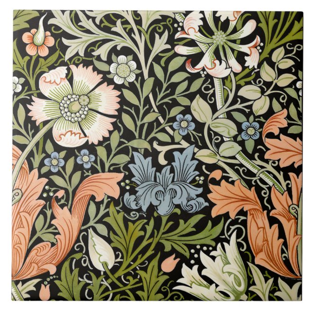 Azulejo Morris BlackBackground 1896 Patrón Floral Compton (Frente)