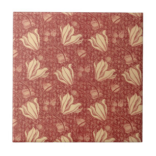 Azulejo Morris Inspirado Lily Flor Tejido Rojo Botánico
