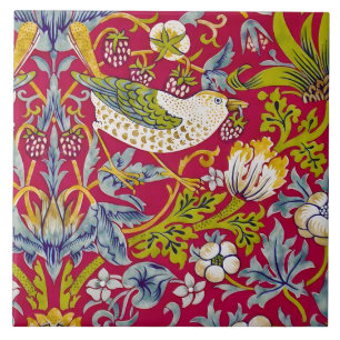 Azulejo Morris Red Background Strawberry Thief Pattern