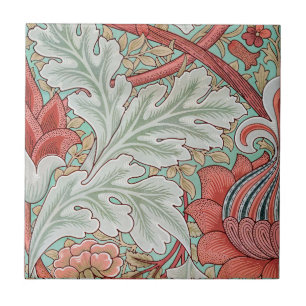 Azulejo Morris Vintage Foliage & Floral Patrón Rojo