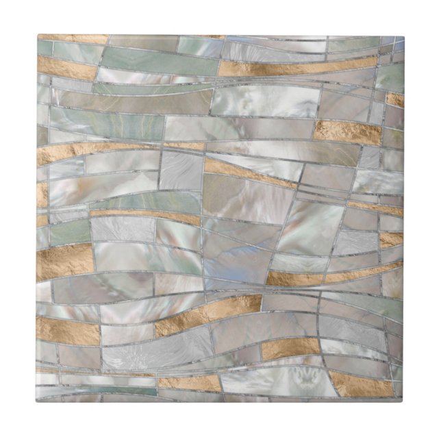 Azulejo Mosaic Waves Art - Pearl and Pastel Gold (Frente)