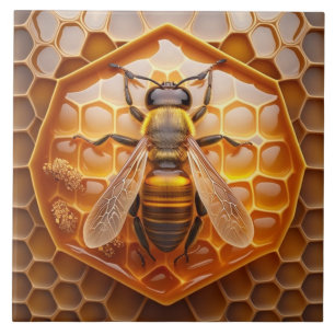 Azulejo Mosaico Cerámico de Colmena y Abeja, Color Ámbar