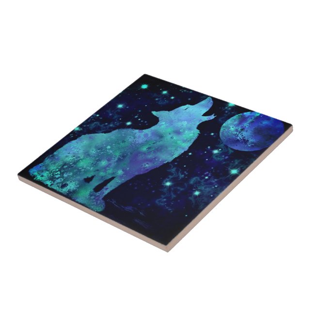 Azulejo Mosaico cerámico de lobo y luna (Lado)