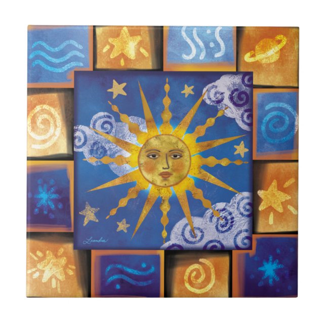 Azulejo Mosaico cerámico de sol celeste (Frente)