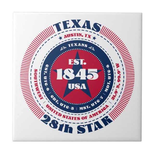 Azulejo Mosaico cerámico de Texas rojo, blanco y azul (Frente)