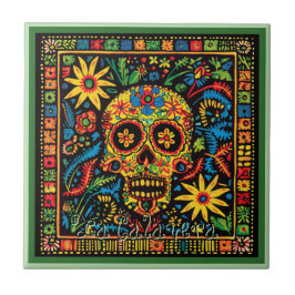 Azulejo Mosaico Cerámico Huichol Loteria: La Calavera Tile