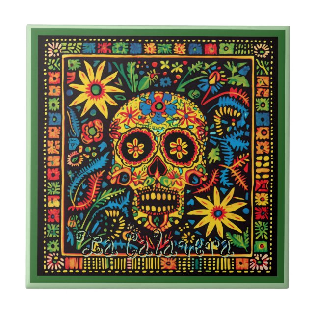 Azulejo Mosaico Cerámico Huichol Loteria: La Calavera Tile (Frente)