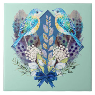 Azulejo Mosaico cerámico - Pájaros y plumas