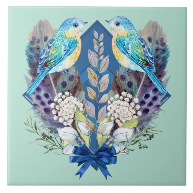 Azulejo Mosaico cerámico - Pájaros y plumas (Frente)