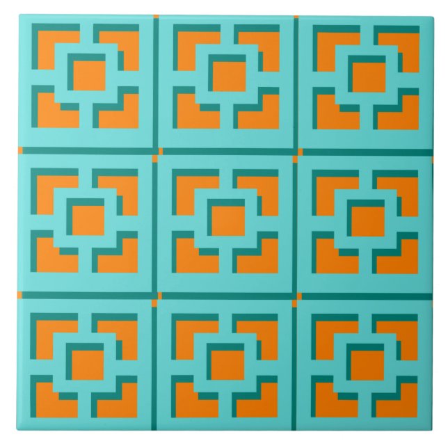 Azulejo Mosaico cerámico retro Turquesa y Naranja Trellis (Frente)