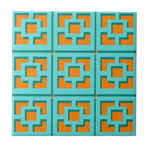 Azulejo Mosaico cerámico retro Turquesa y Naranja Trellis