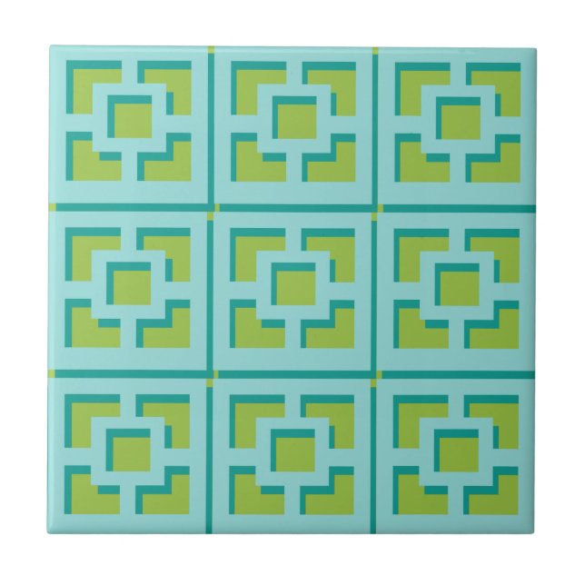 Azulejo Mosaico cerámico retro Turquesa y Verde Trellis (Frente)
