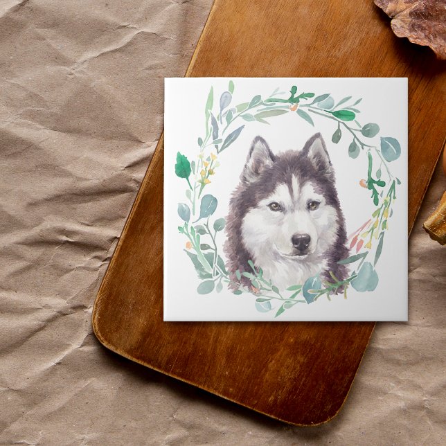 Azulejo Mosaico cerámico Siberian Husky Watercolor Wreath (Subido por el creador)
