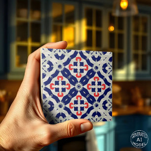 Azulejo Mosaico Cruz Vibrante en Azul Marino, Rojo y Gris