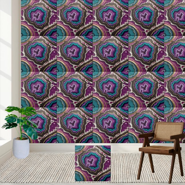 Azulejo Mosaico de arte de resina de geodo verde azulado y (Teal and Purple Geode Resin Art Tile)