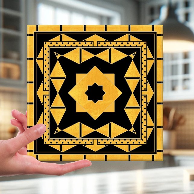 Azulejo Mosaico de baño geométrico Ocher Black (Ceramic tile featuring a stylish geometric pattern in ocher and black with a touch of gold.)